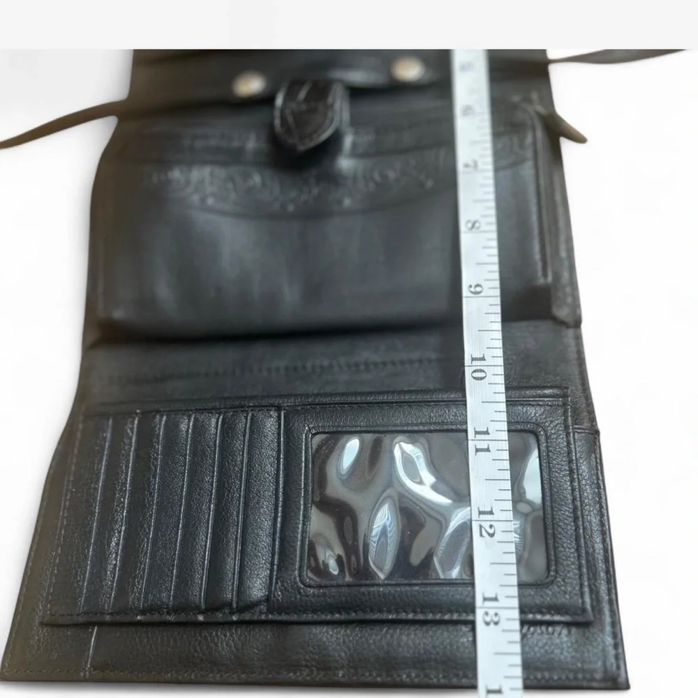 Vtg Brighton Black Leather Cross Body Wallet Croc Silver Tone Accents